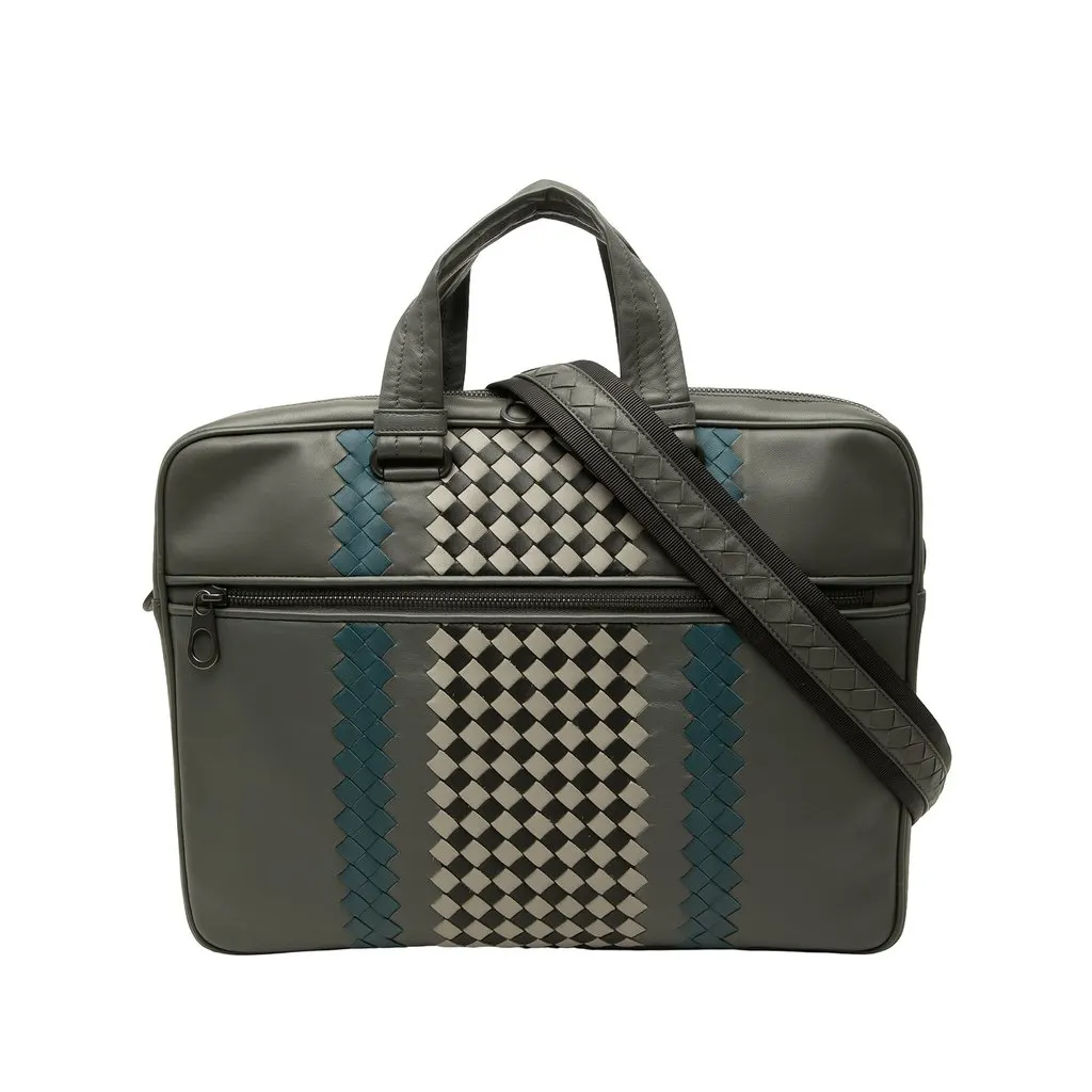 Bottega Veneta Intrecciato Trimmed Leather Briefcase Grey Leather Very good - Front View