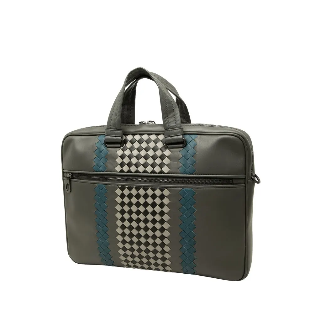 Bottega Veneta Intrecciato Trimmed Leather Briefcase Grey Leather Very good - Back View