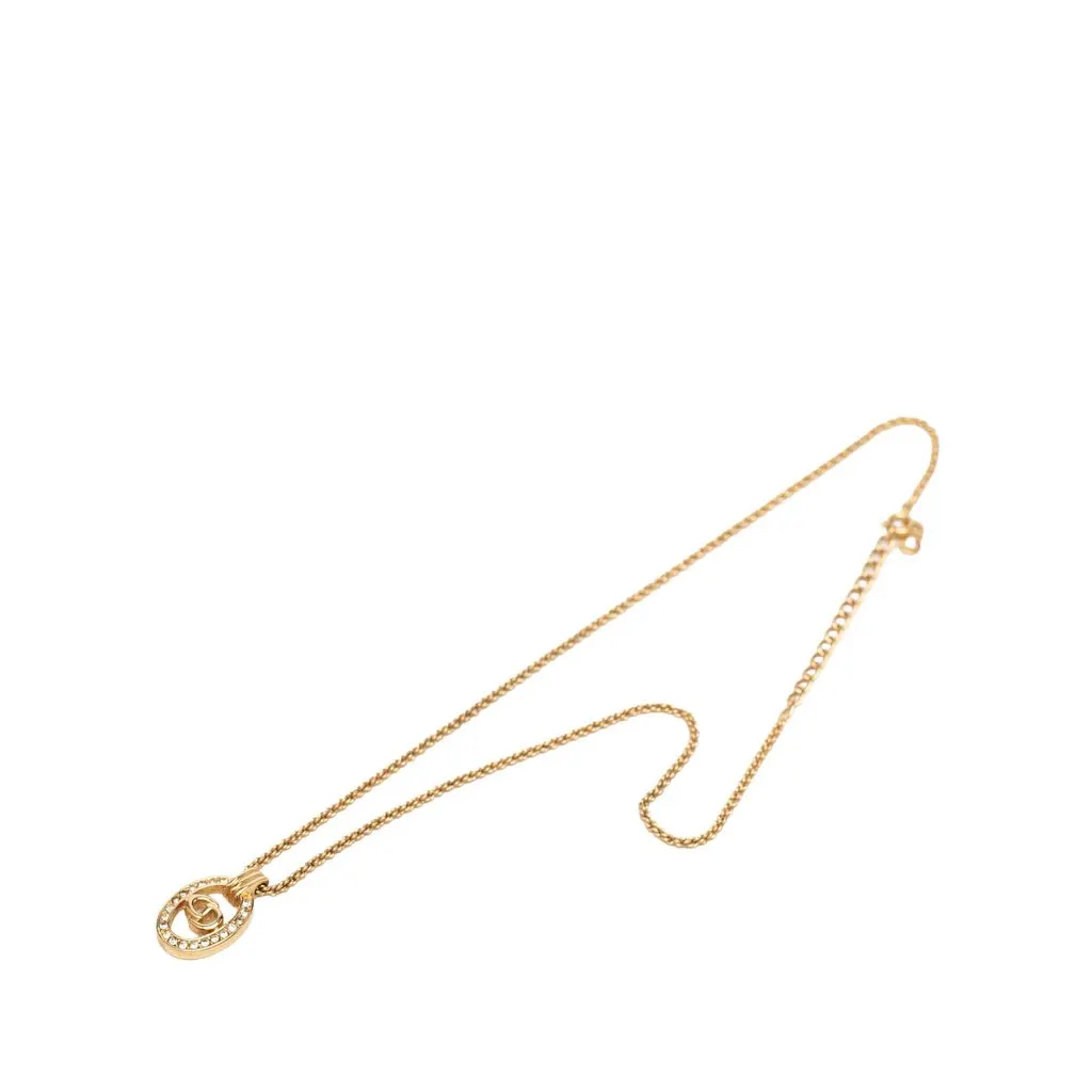 Dior Gold Plated Strass CD Logo Oval Pendant Necklace Gold Metal Very good - Front View