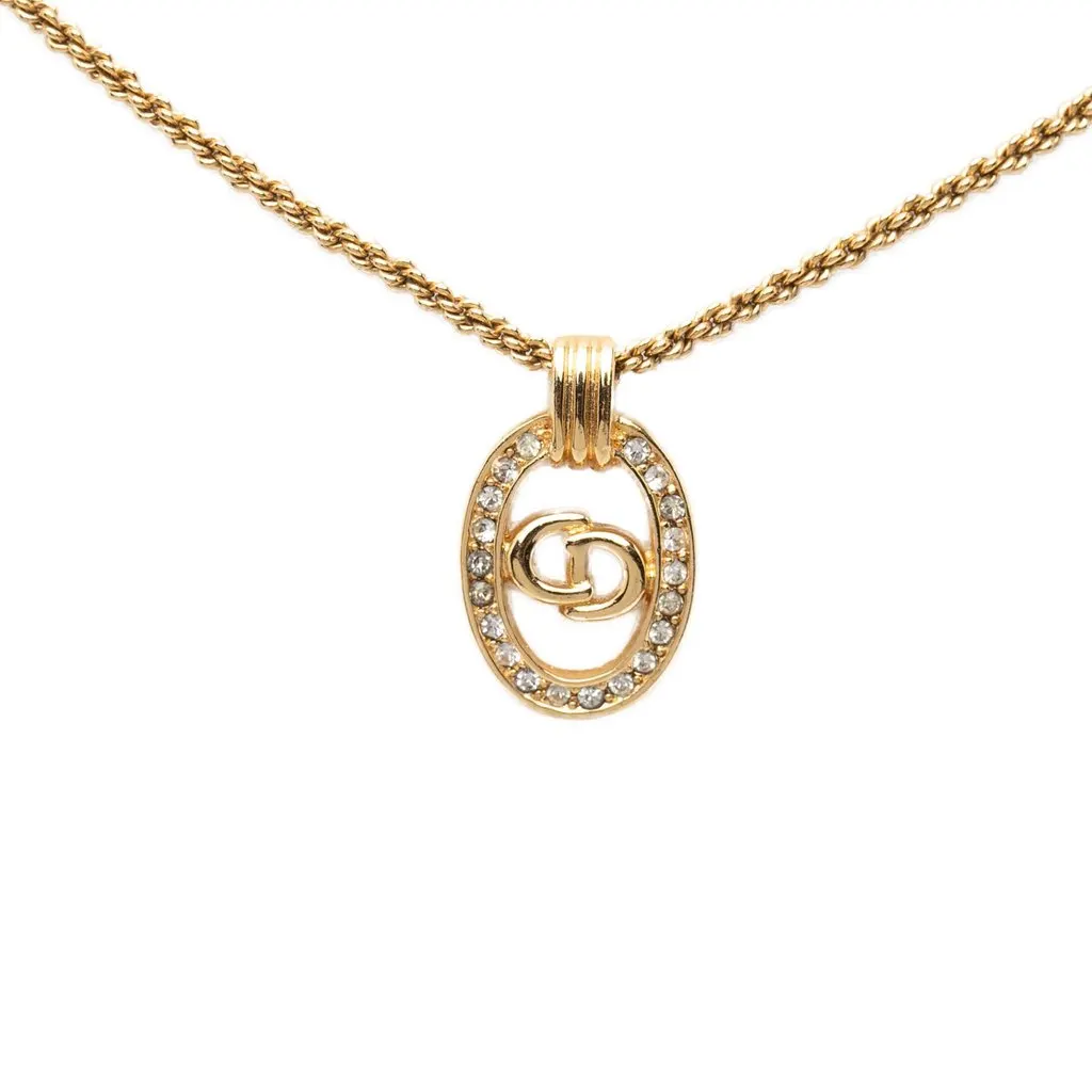 Dior Gold Plated Strass CD Logo Oval Pendant Necklace Gold Metal Very good - Back View