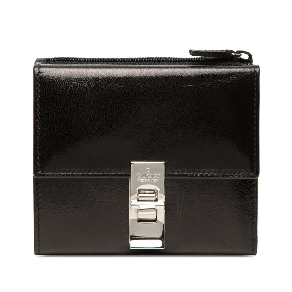 Gucci Calfskin Metal Clasp Bifold Small Wallet Black Leather Very good - Front View