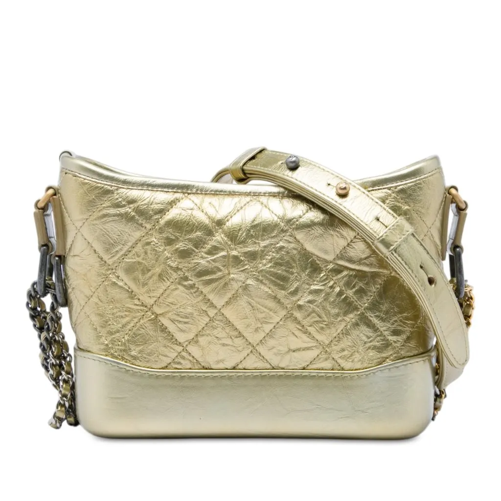Chanel Small Quilted Metallic Aged Calfskin Gabrielle Hobo Gold Leather Very good - Front View