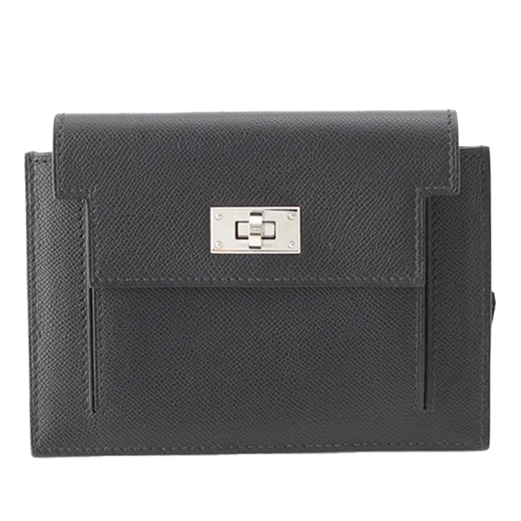 Hermès Veau Madame Kelly Pocket Compact Wallet Black Leather Very good - Front View