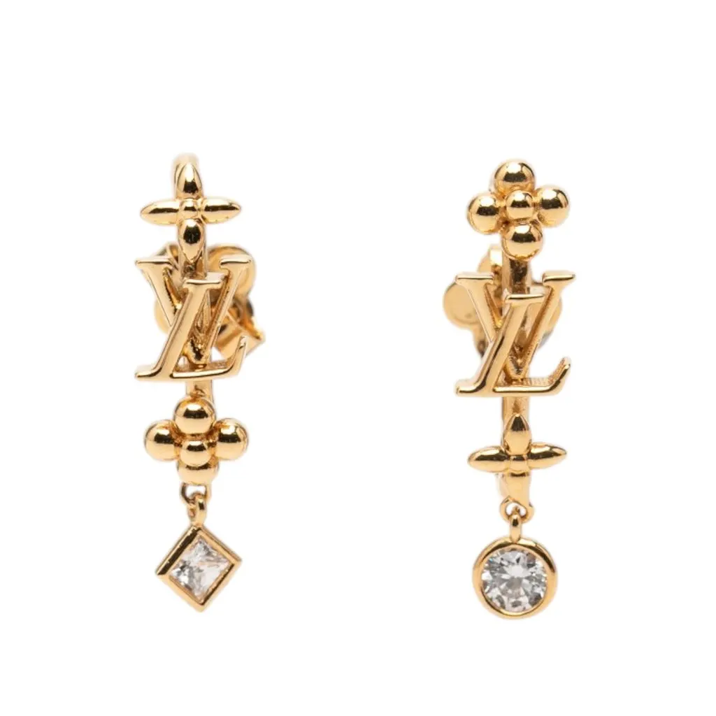 Louis Vuitton Gold Plated Strass LV In The Sky Push Back Earrings Gold Metal Very good - Front View