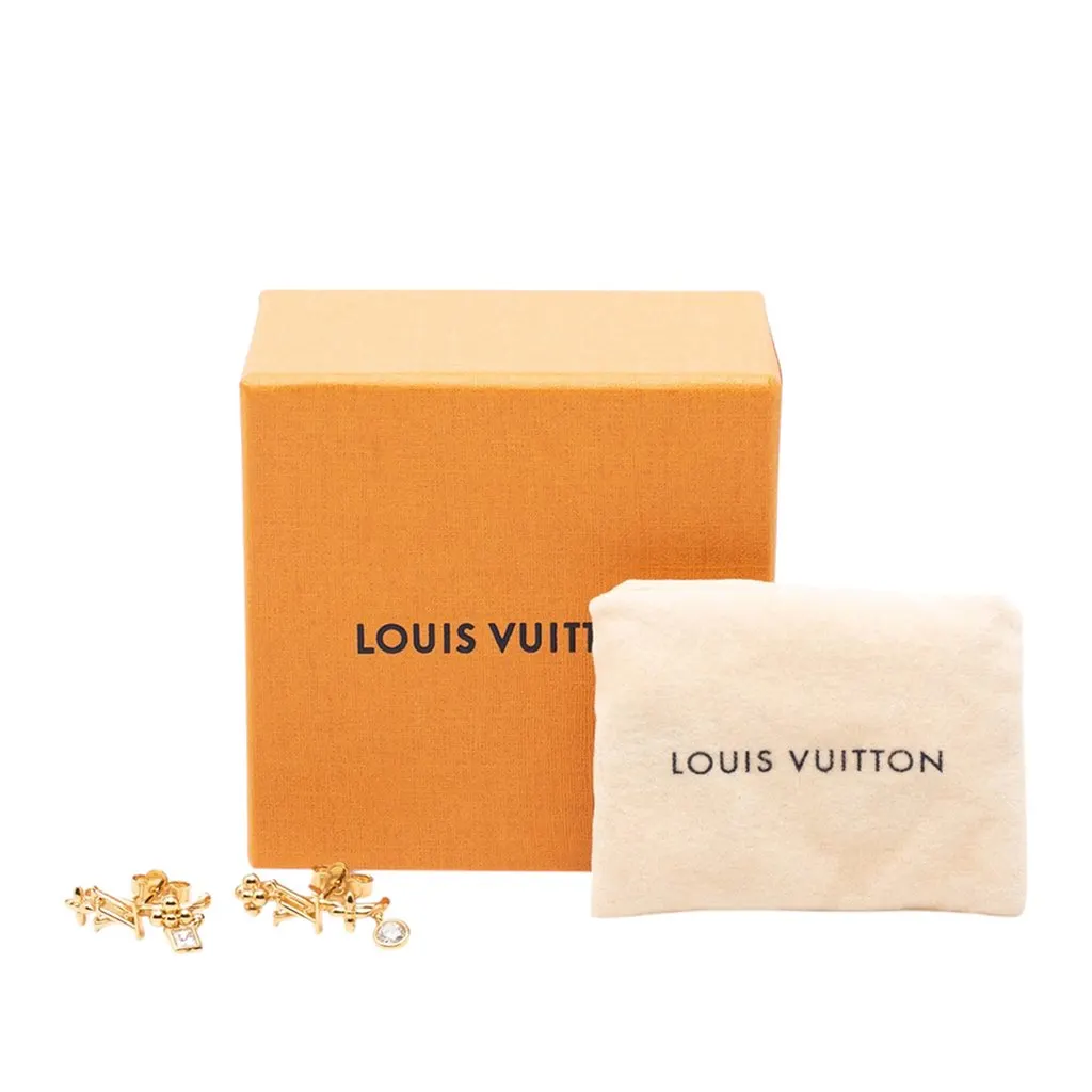 Louis Vuitton Gold Plated Strass LV In The Sky Push Back Earrings Gold Metal Very good - Model View