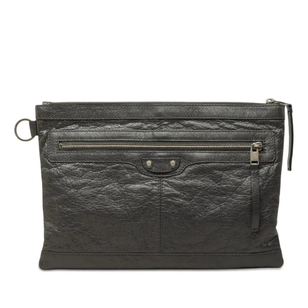 Balenciaga Lambskin Motocross Classic Clip Clutch M Grey Leather Very good - Front View