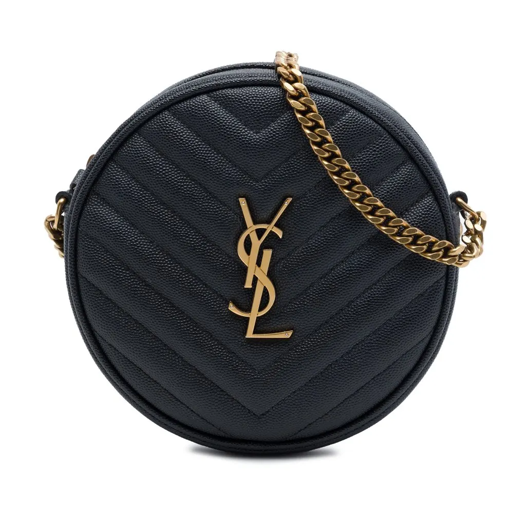 Saint Laurent Chevron Grain De Poudre Round Vinyle Camera Bag Black Leather Very good - Front View