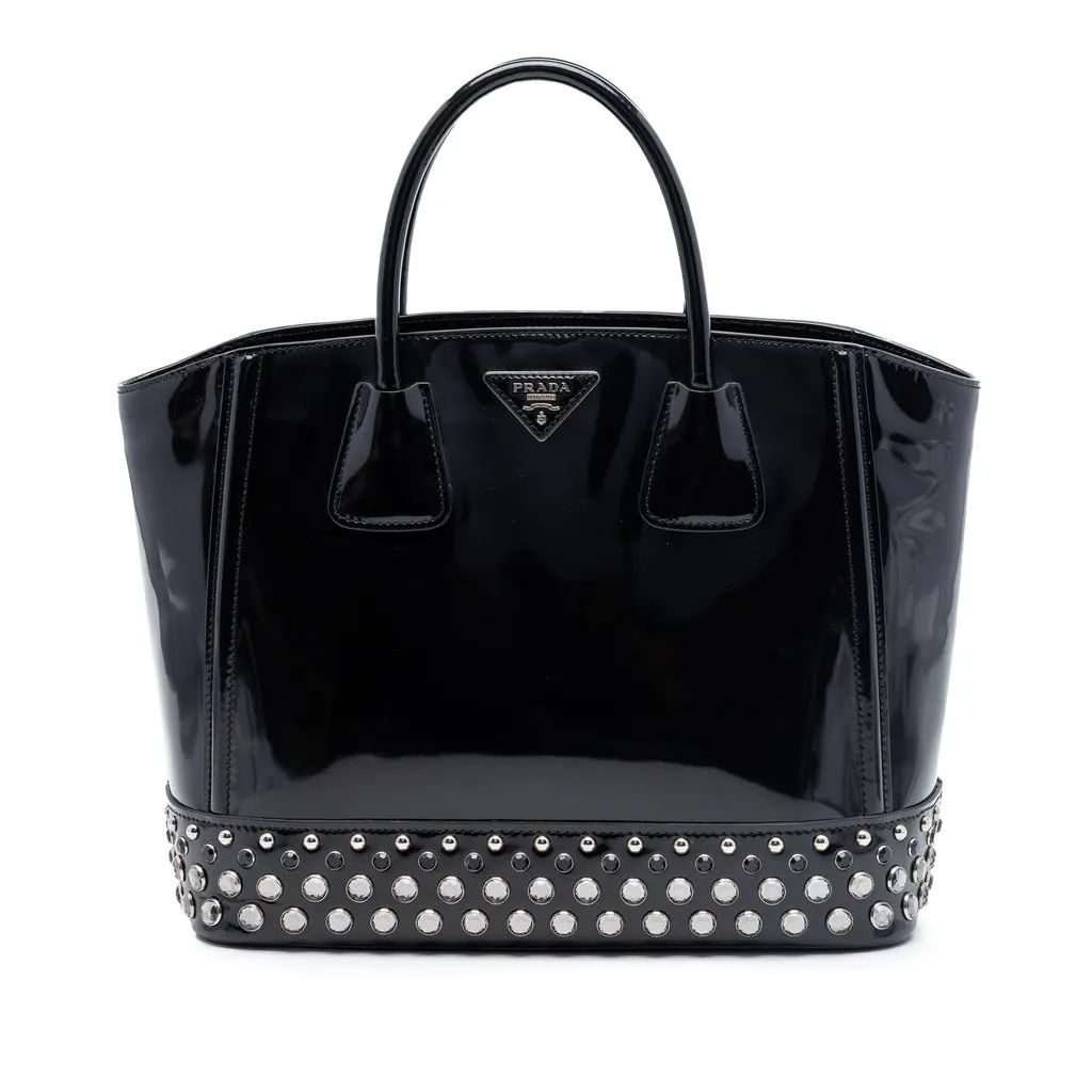 Prada Spazzolato Studded Crystal Tote Black Leather Very good - Front View