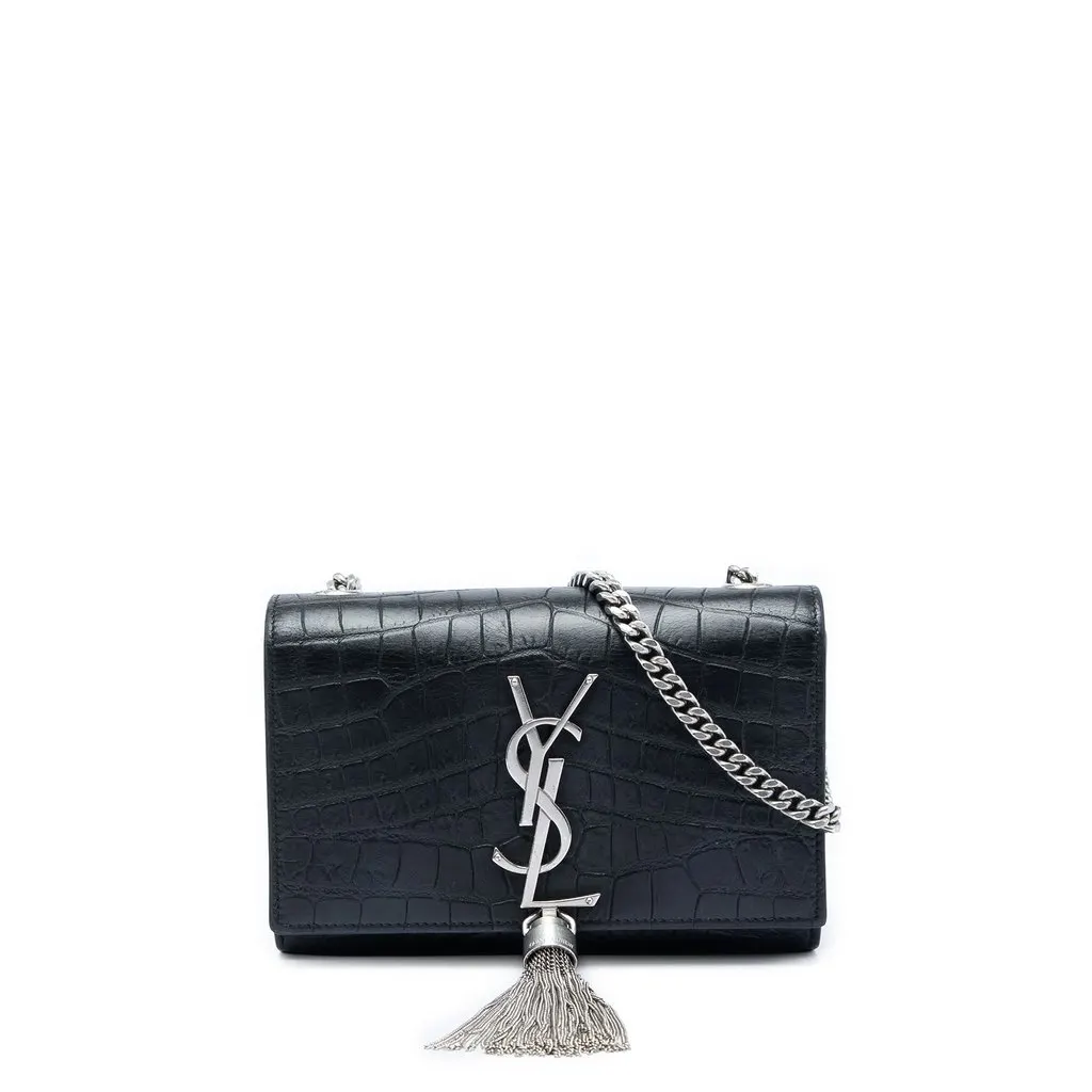 Saint Laurent Small Croc Embossed Leather Monogram Kate Tassel Crossbody Black Leather Good - Front View