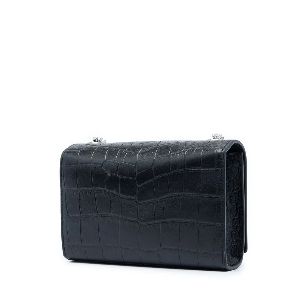 Saint Laurent Small Croc Embossed Leather Monogram Kate Tassel Crossbody Black Leather Good - Back View
