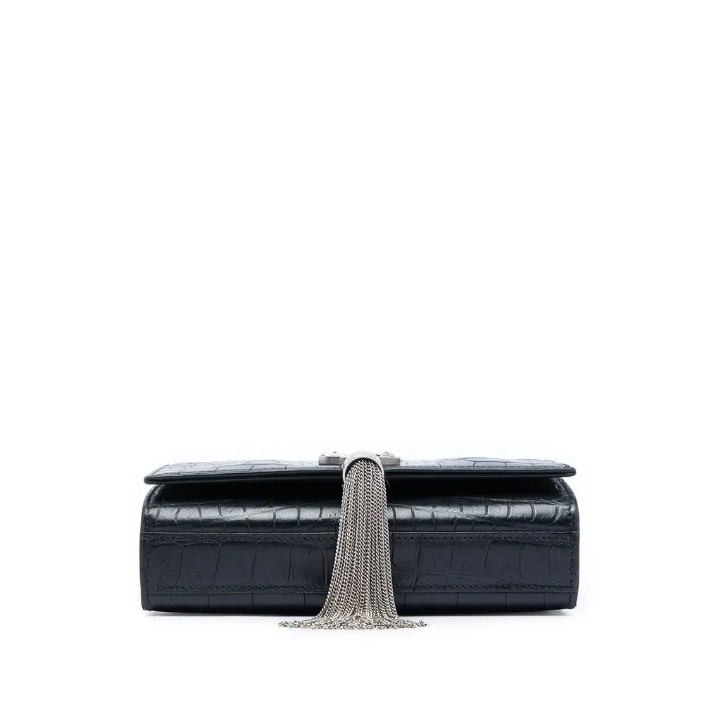 Saint Laurent Small Croc Embossed Leather Monogram Kate Tassel Crossbody Black Leather Good - Inside View