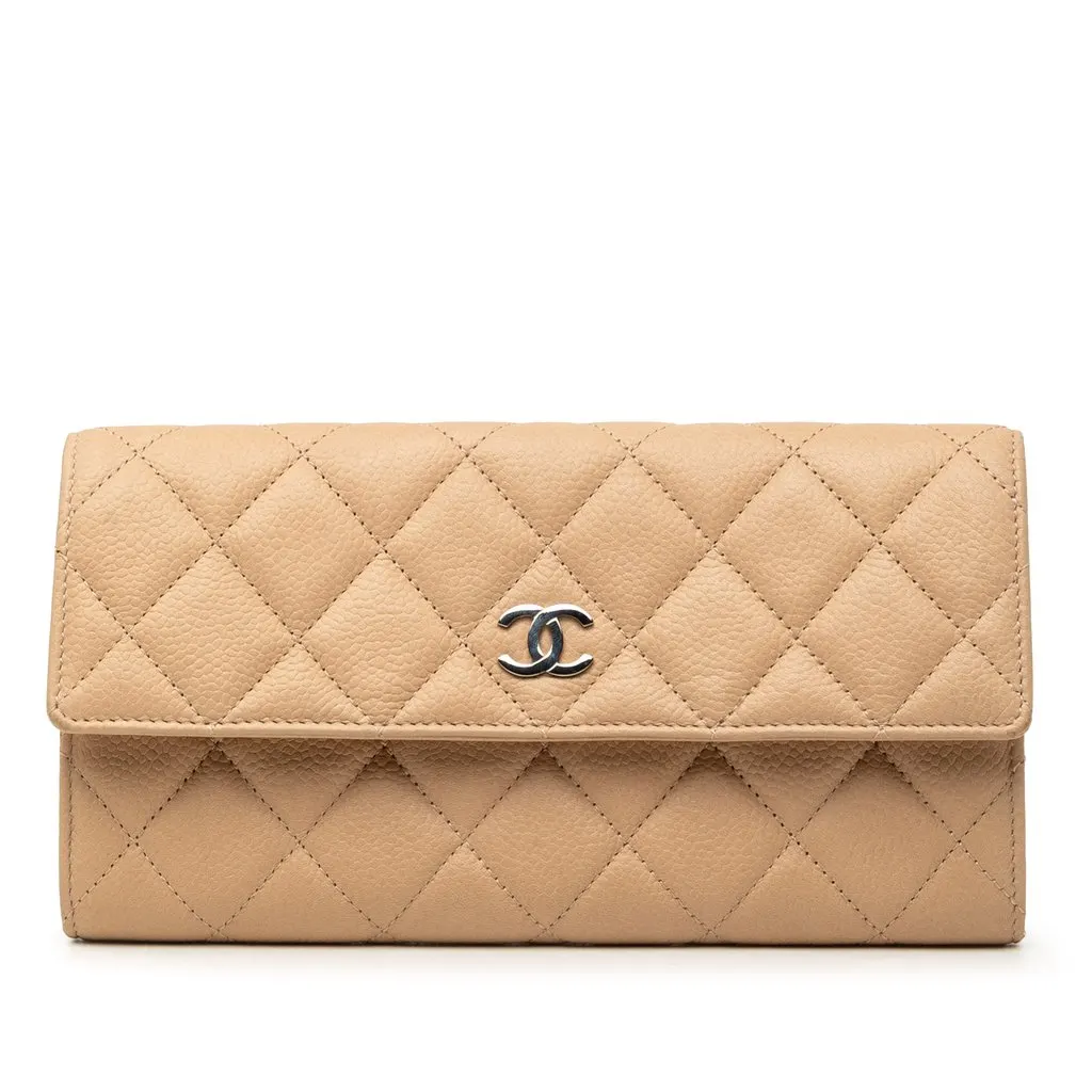 Chanel CC Quilted Caviar Gusset Flap Long Wallet Beige Leather Very good - Front View