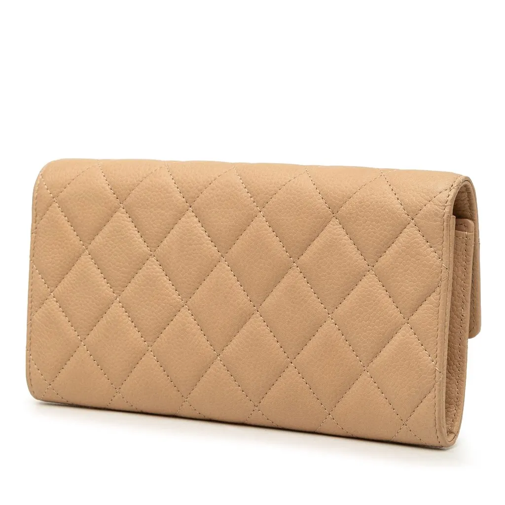 Chanel CC Quilted Caviar Gusset Flap Long Wallet Beige Leather Very good - Back View
