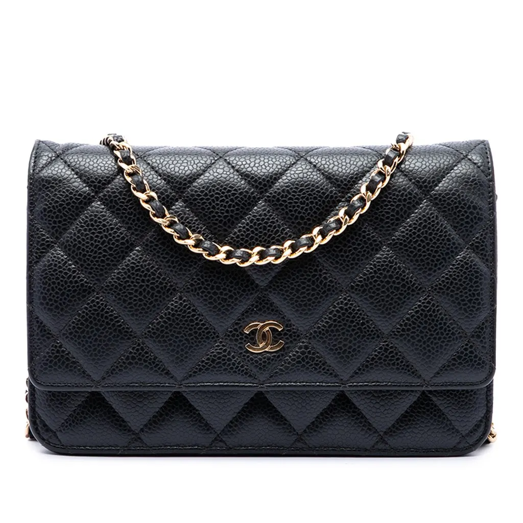 Chanel CC Quilted Caviar Wallet on Chain Black Leather Good - Front View