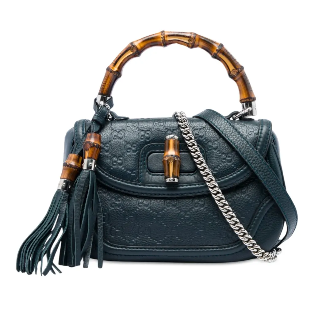 Gucci Medium Guccissima New Bamboo Top Handle Bag Blue Leather Very good - Front View