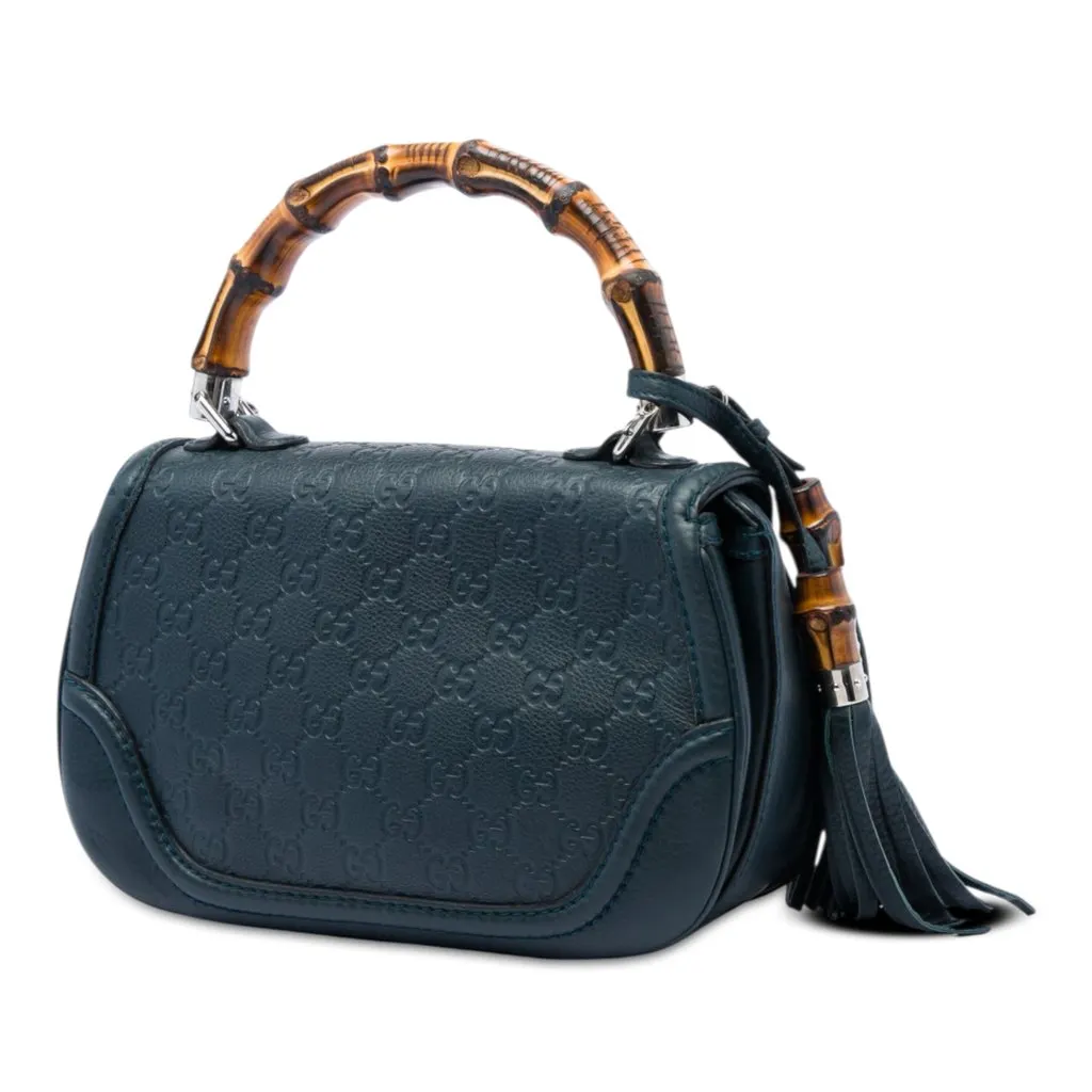 Gucci Medium Guccissima New Bamboo Top Handle Bag Blue Leather Very good - Back View