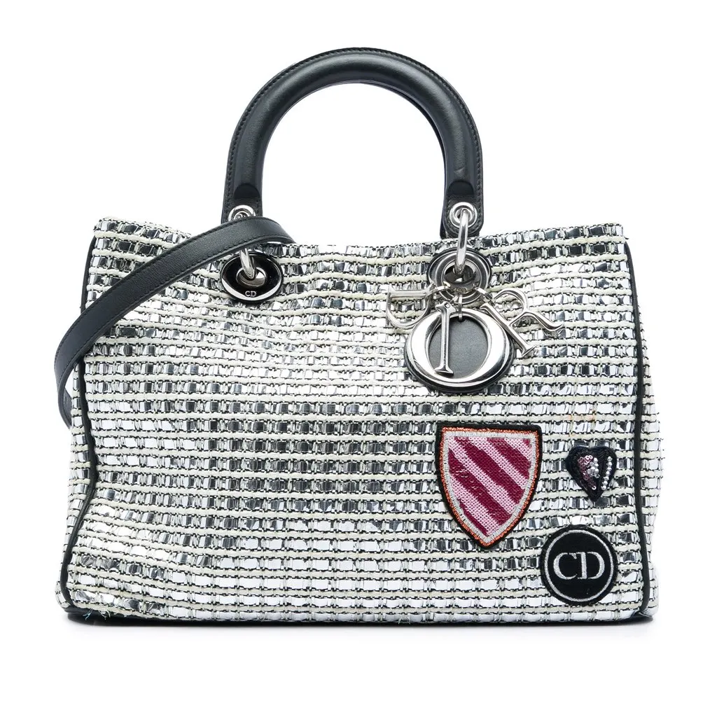 Dior Medium Metallic Tweed Patch Diorissimo Satchel Silver Very good - Front View