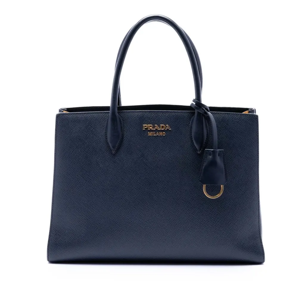 Prada Medium Saffiano Bibliotheque Satchel Blue Leather Very good - Front View