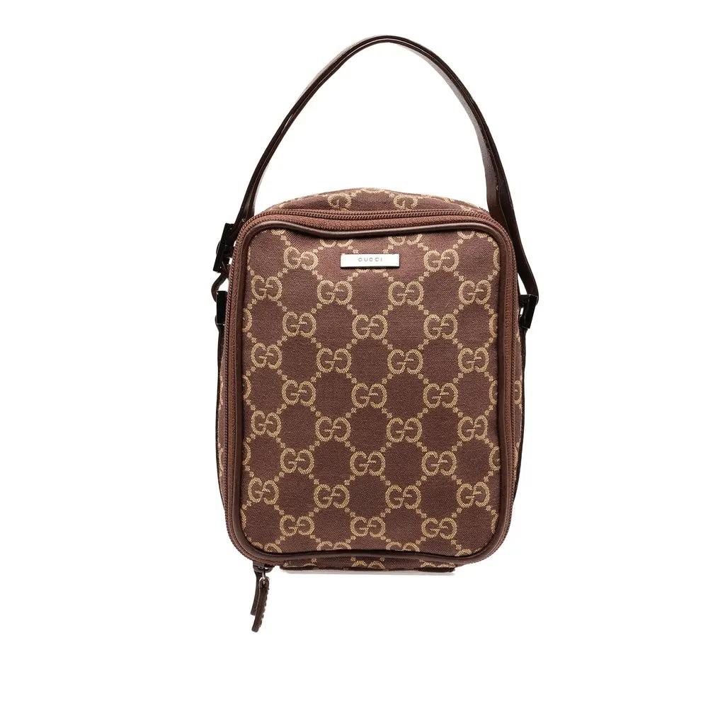 Gucci GG Canvas Double Zip Accessory Pouch Brown Canvas Good - Front View