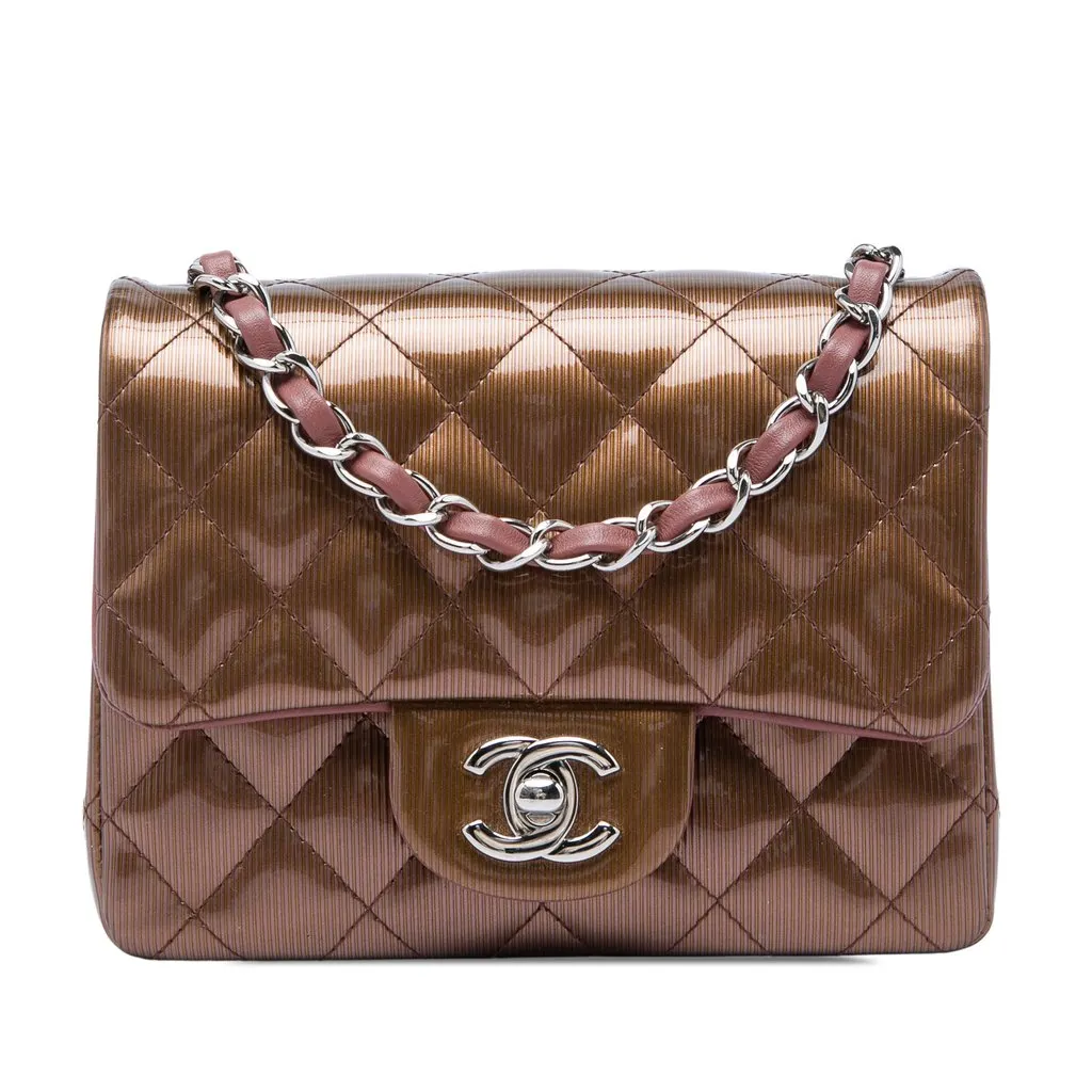 Chanel Mini Square Classic Metallic Striped Patent Single Flap Brown Leather Very good - Front View