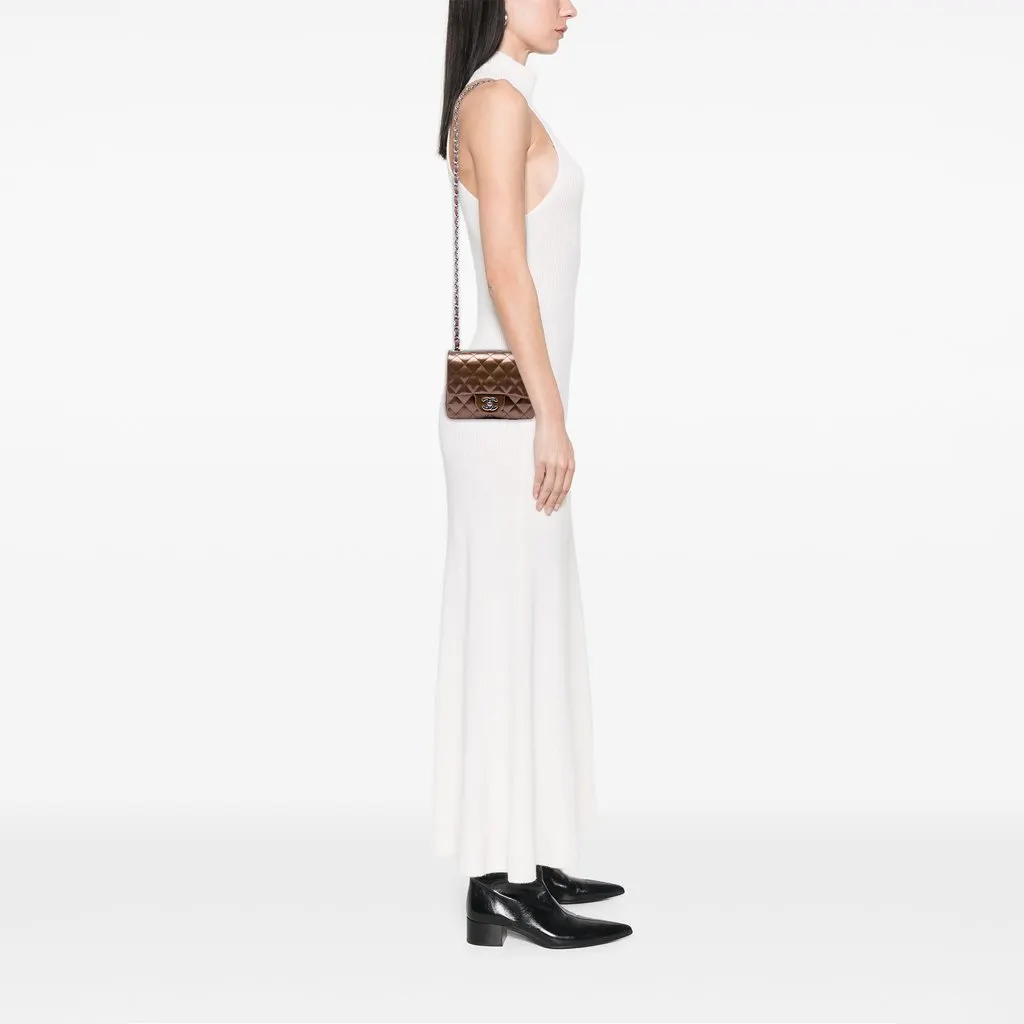 Chanel Mini Square Classic Metallic Striped Patent Single Flap Brown Leather Very good - Box View