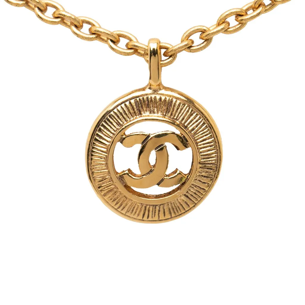 Chanel CC Gold Plated Sunburst Medallion Pendant Necklace Gold Metal Very good - Back View