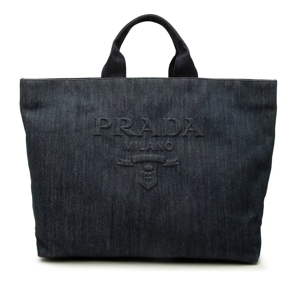 Prada Debossed Denim Logo Drill Tote Blue Denim Very good - Front View