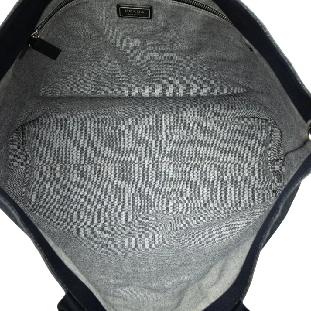 Prada Debossed Denim Logo Drill Tote Blue Denim Very good - Model View