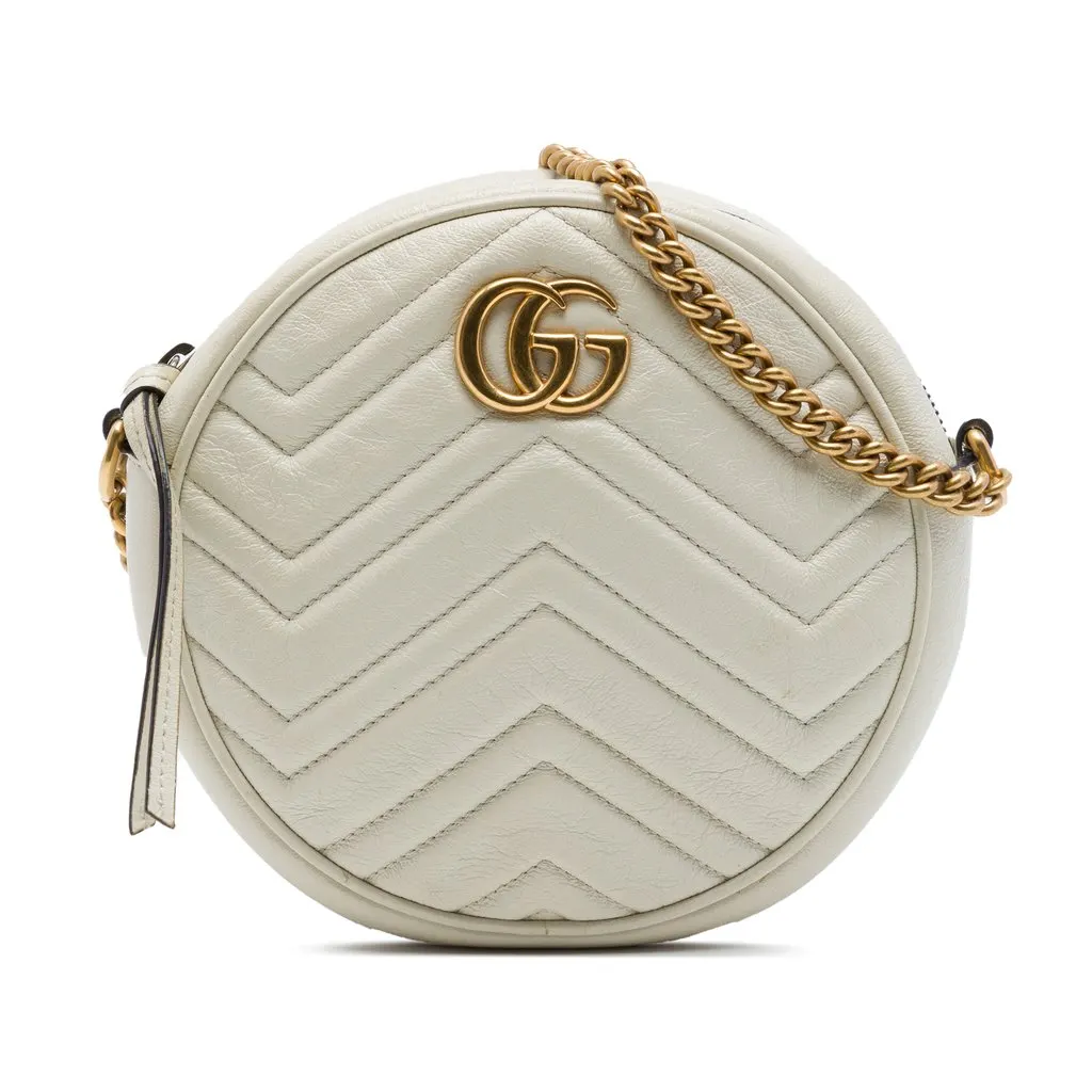 Gucci Mini GG Marmont Matelasse Calfskin Round Crossbody White Leather Good - Front View