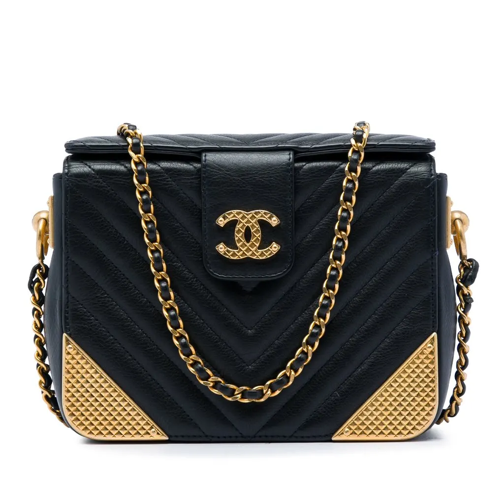 Chanel CC Chevron Calfskin Rock The Corners Minaudiere Bag Black Leather Very good - Front View