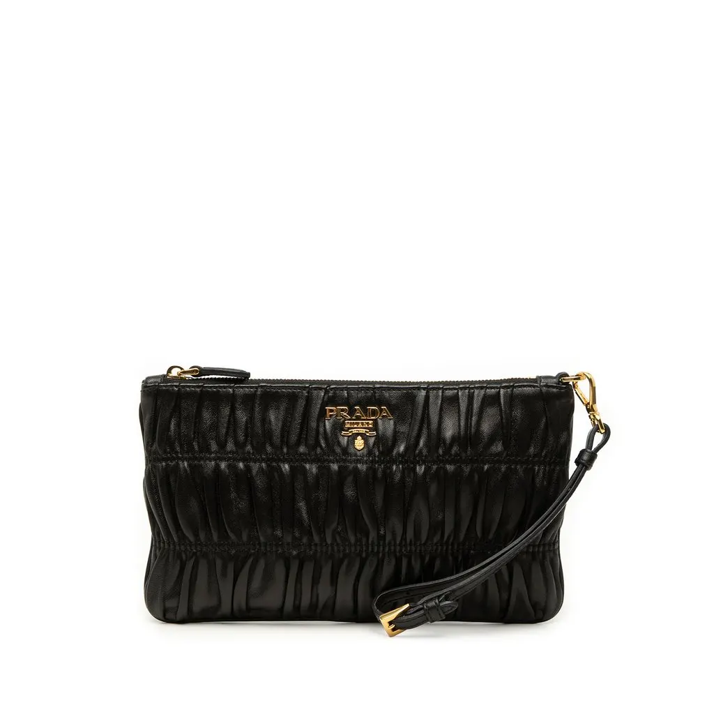 Prada Nappa Gaufre Wristlet Clutch Black Leather Very good - Front View