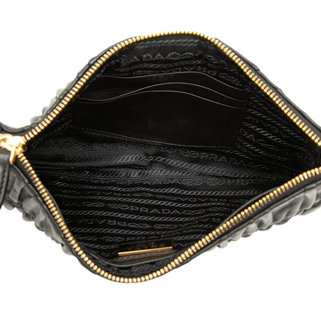 Prada Nappa Gaufre Wristlet Clutch Black Leather Very good - Model View