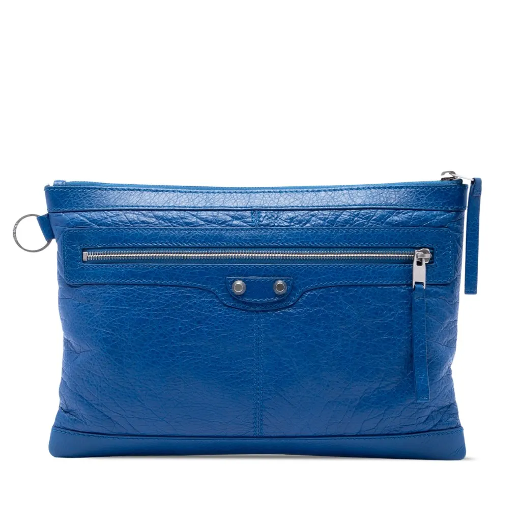 Balenciaga Lambskin Motocross Classic Clip Clutch M Blue Leather Very good - Front View