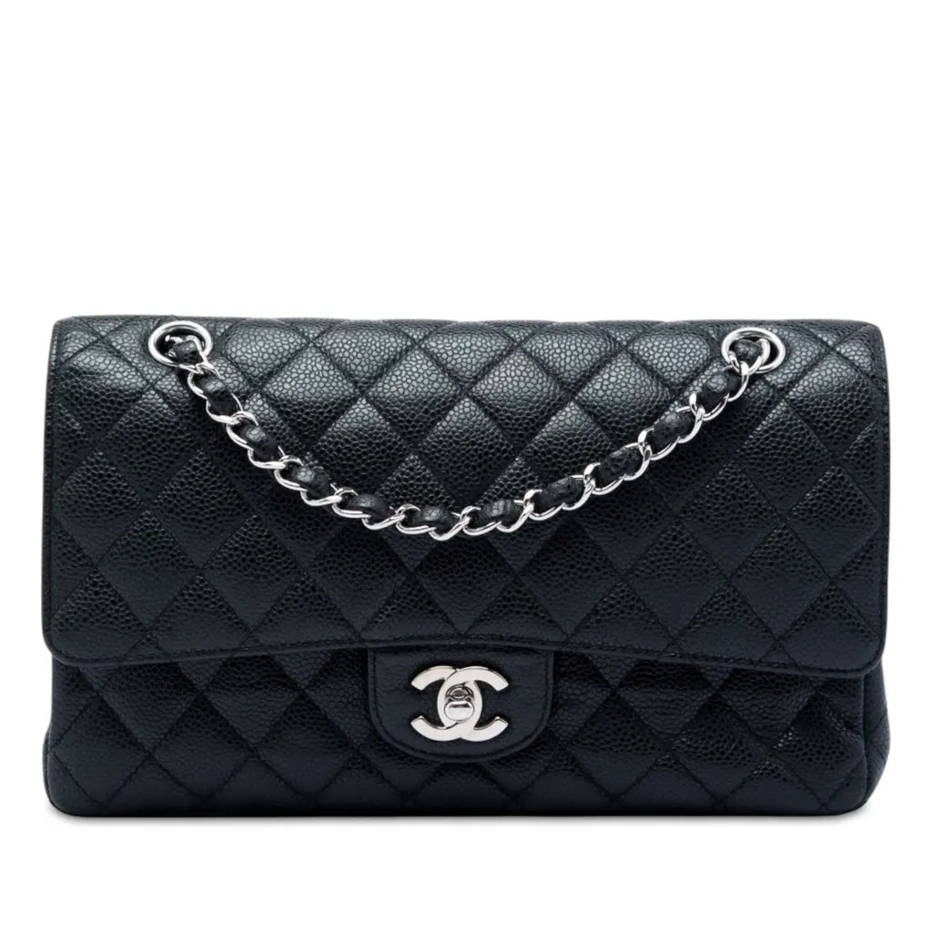 Chanel Medium Classic Caviar Double Flap Black Leather Very good - Front View