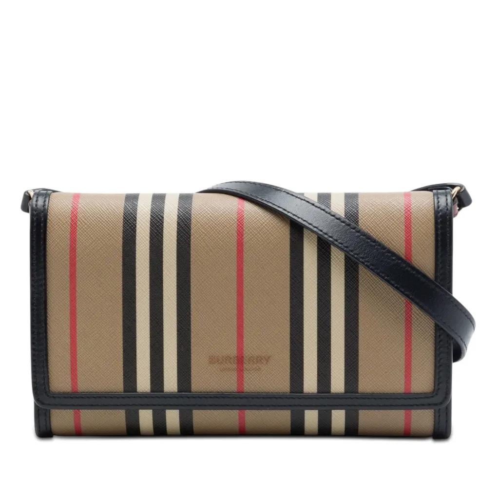 Burberry Icon Stripe E Canvas Hannah Wallet on Strap Brown Very good - Front View