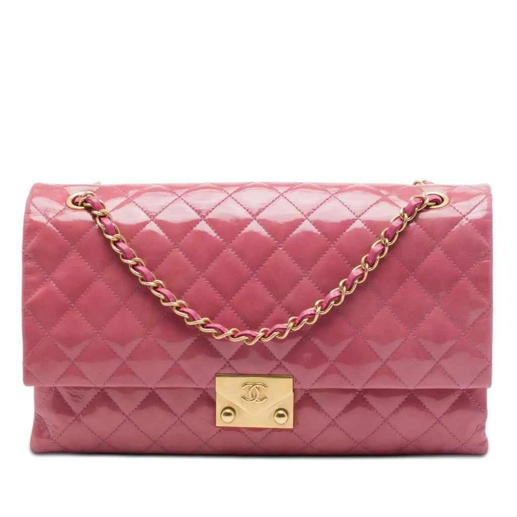 Chanel Quilted Crinkled Patent Pagoda Accordion Flap Pink Leather Very good - Front View