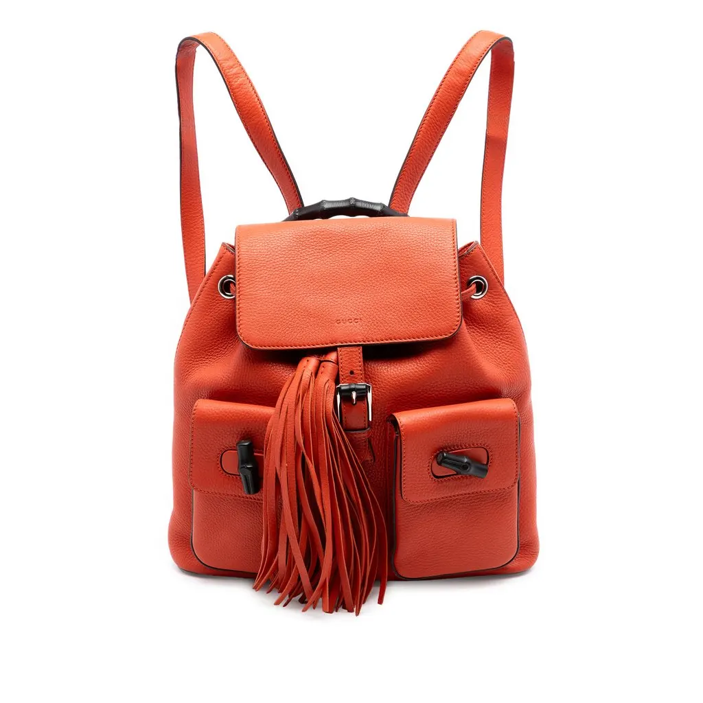Gucci Grained Calfskin Bamboo Tassel Backpack Orange Leather Very good - Front View