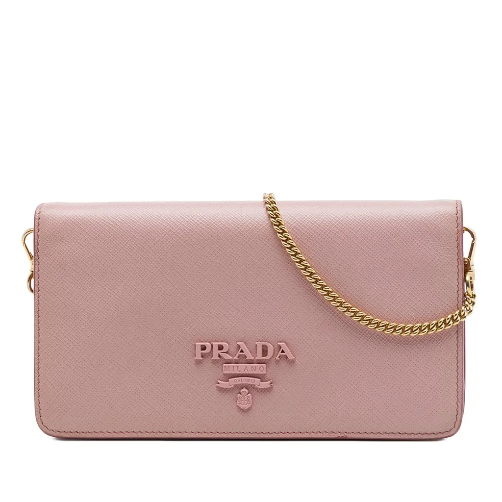 Prada Saffiano Lux Monochrome Wallet on Chain Pink Leather Good - Front View