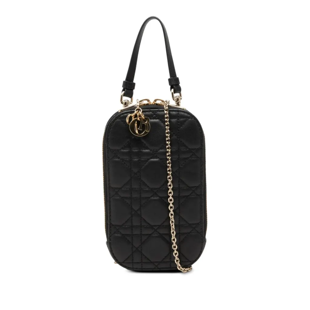 Dior Lambskin Cannage Lady Dior Call In Phone Holder Black Leather Very good - Front View