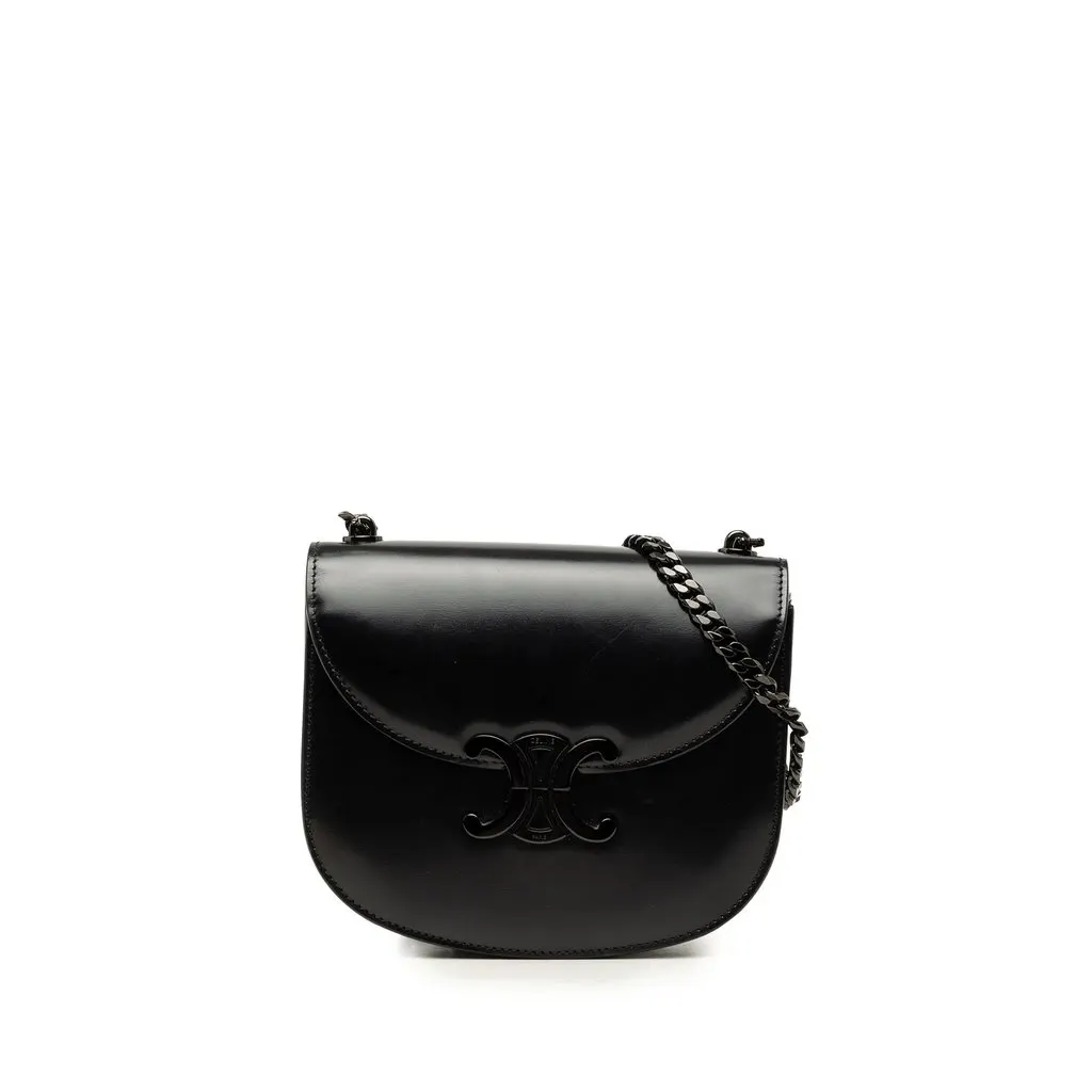 Celine Teen Shiny Calfskin Triomphe Besace Clea Chain Crossbody Black Leather Very good - Front View