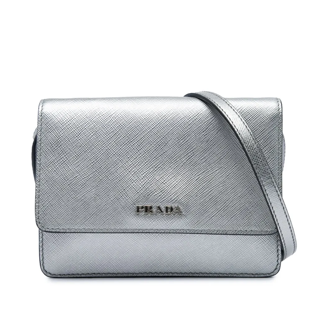 Prada Saffiano Wallet on Strap Silver Leather Very good - Front View