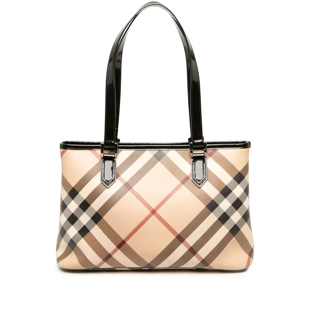 Burberry Small Supernova Check Coated Canvas Nickie Tote Beige Canvas Very good - Front View