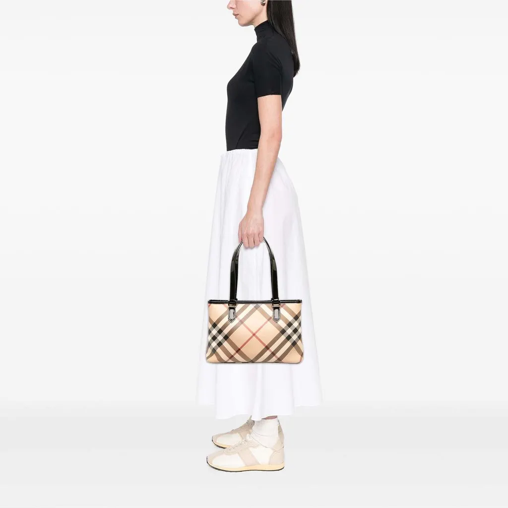 Burberry Small Supernova Check Coated Canvas Nickie Tote Beige Canvas Very good - Box View