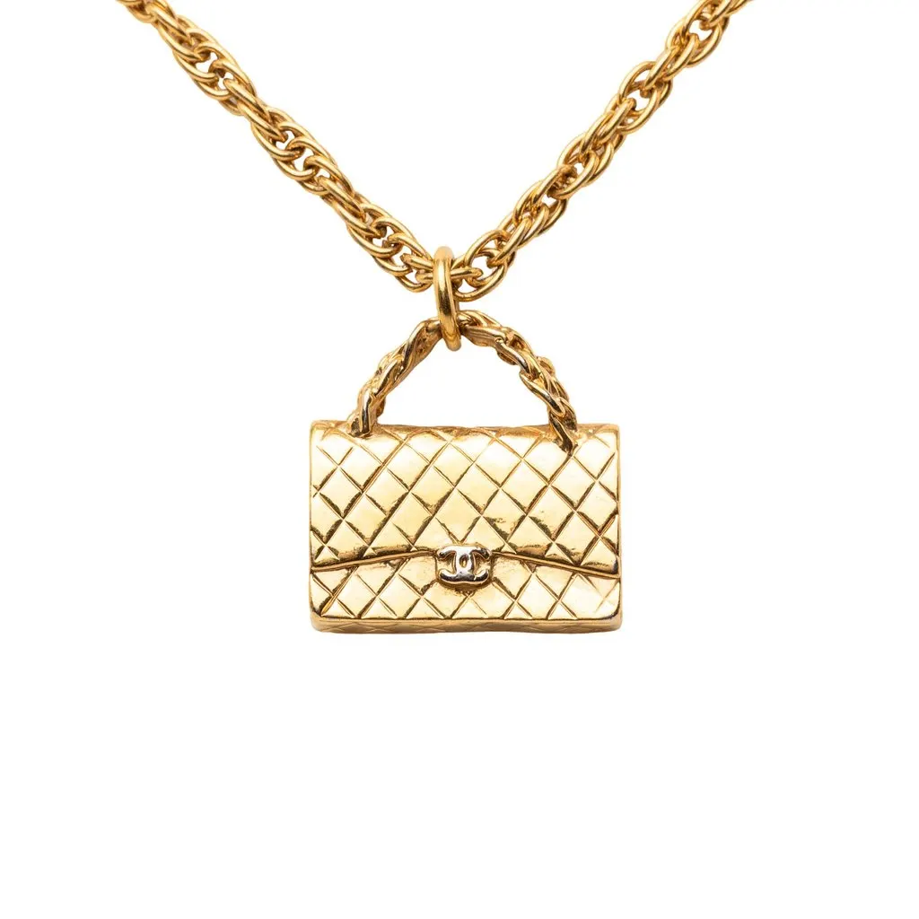 Chanel CC Gold Plated Classic Flap Bag Pendant Necklace Gold Metal Very good - Back View