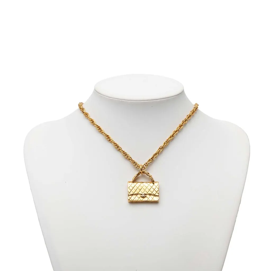 Chanel CC Gold Plated Classic Flap Bag Pendant Necklace Gold Metal Very good - Box View