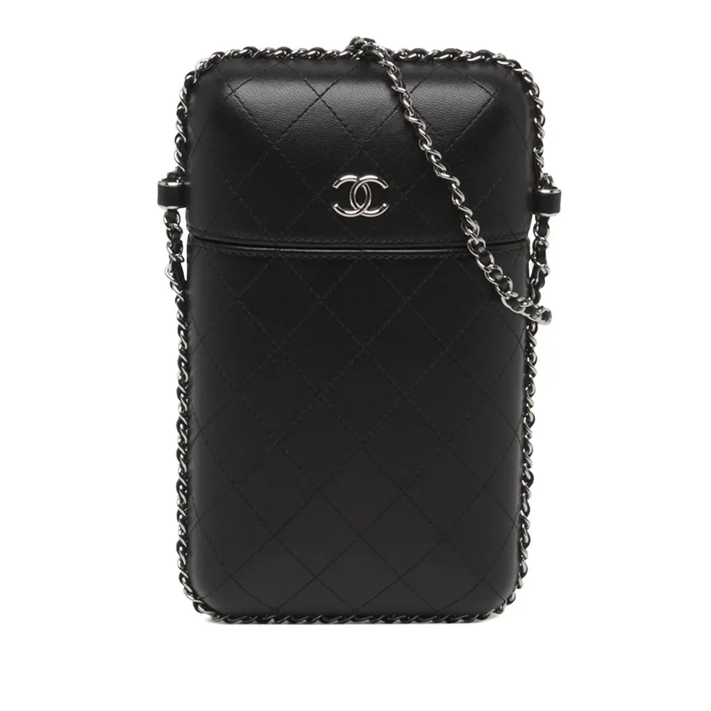 Chanel CC Quilted Lambskin Chain Around Phone Holder Black Leather Very good - Front View