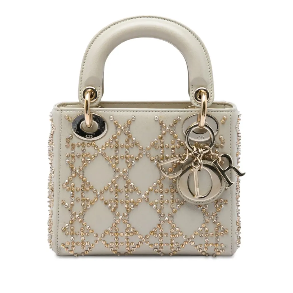 Dior Mini Beaded Metallic Lambskin Cannage Lady Dior Beige Leather Very good - Front View