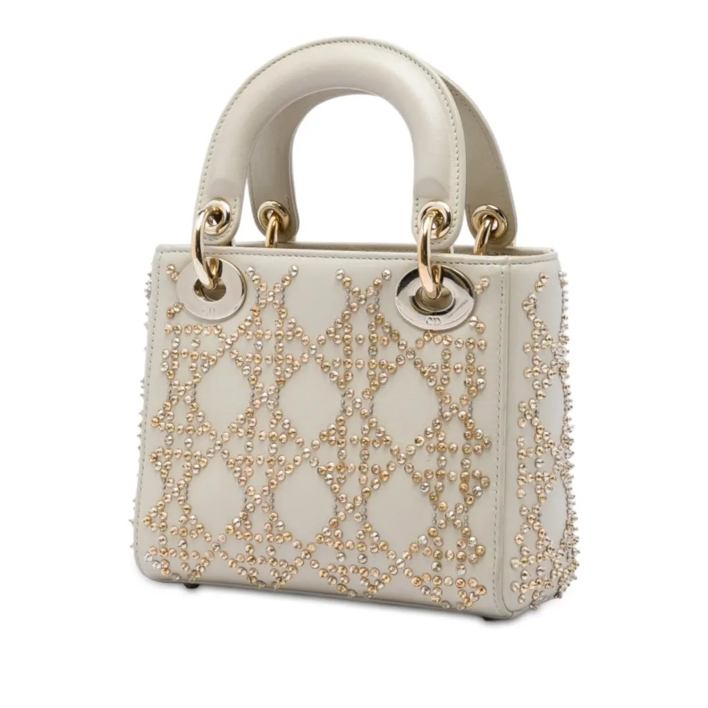 Dior Mini Beaded Metallic Lambskin Cannage Lady Dior Beige Leather Very good - Back View