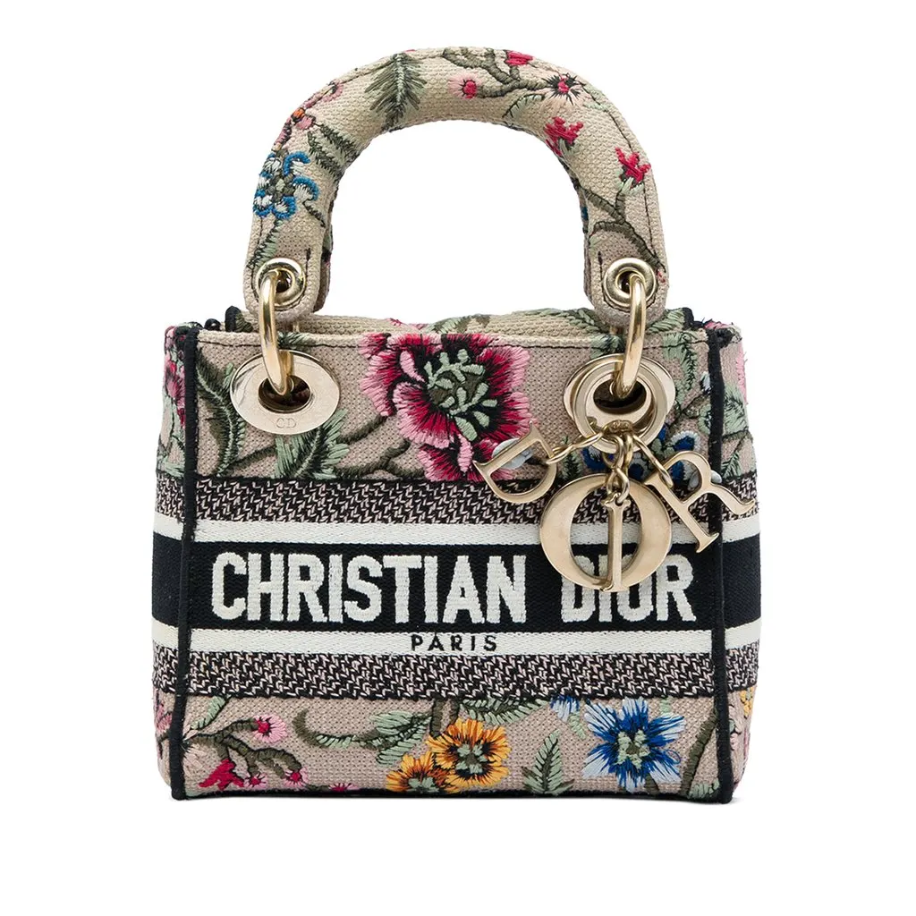 Dior Mini Embroidered Canvas Petites Fleurs Toile De Jouy Lady D Lite Beige Canvas Good - Front View