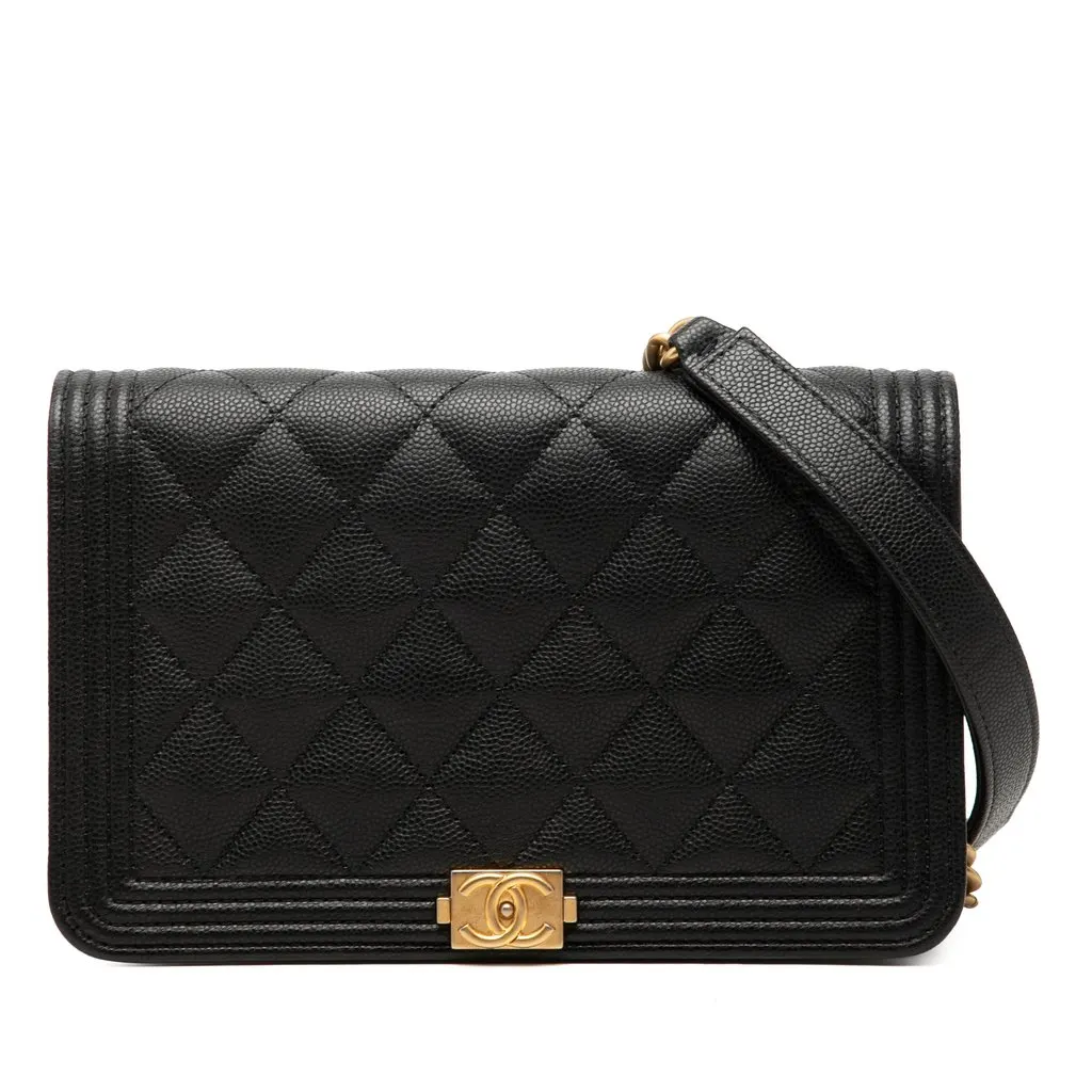 Chanel Quilted Caviar Boy Wallet on Chain Black Leather Very good - Front View